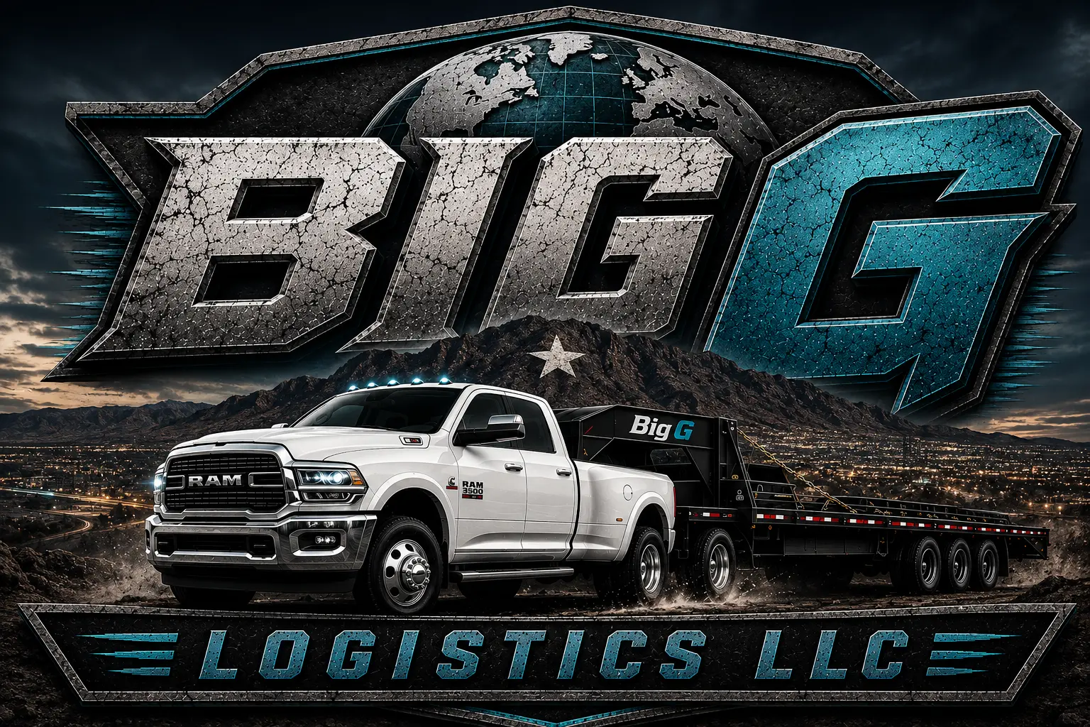 Big G Logistics white Ram 3500 dually with 40 ft flatbed trailer